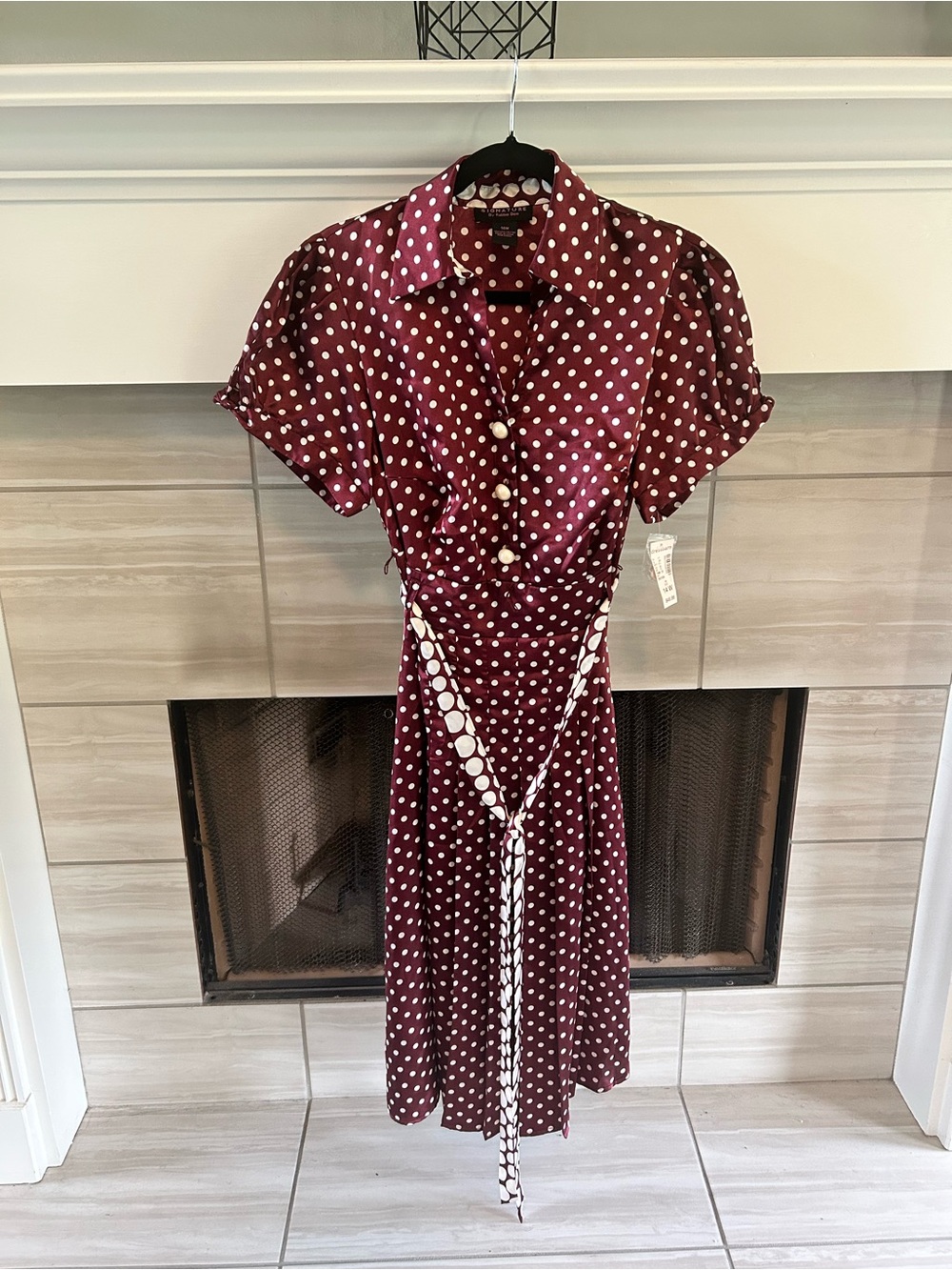Robbie Bee Burgundy Polka Dot Shirt Dress with Tie Belt